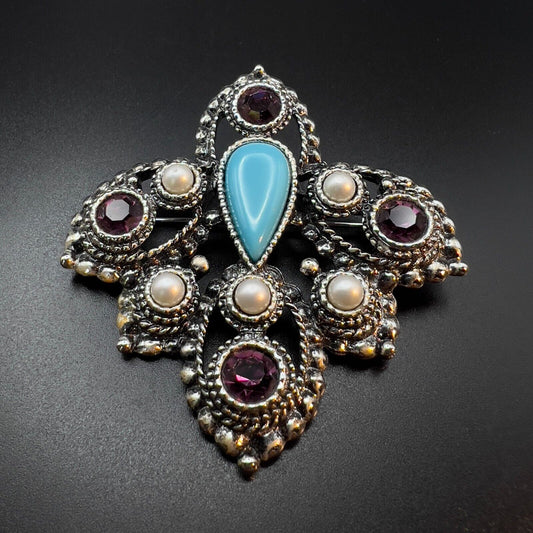 Vintage SARAH COV Imperial w Faux Pearls Blue & Purple Stones Pendant Brooch Pin