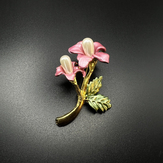 Vintage Gold-Toned Rose Pink & Green Enameled & Faux Pearl Flowers Brooch Pin