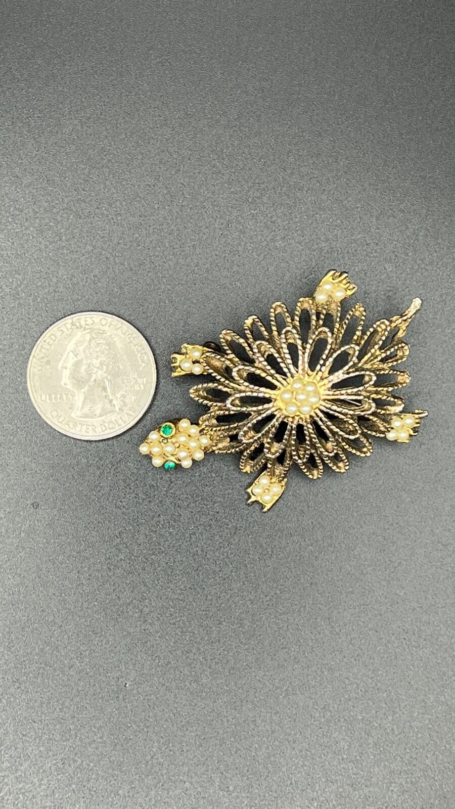 Vintage Turtle Gold-Toned Faux Seed Pearls & Green Crystals Brooch Pin