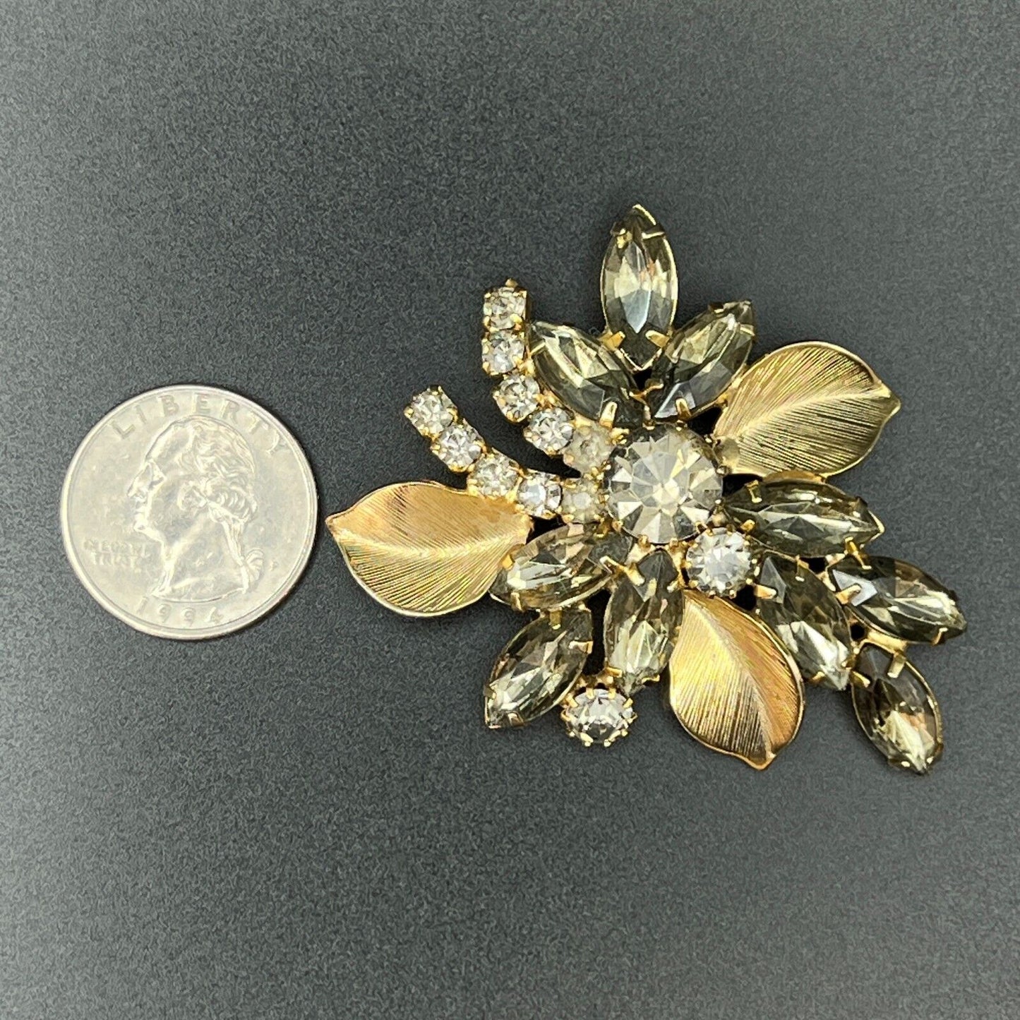 Vintage Flower Gold-Toned with Multi-Sized Smoky Gray Rhinestones Brooch Pin