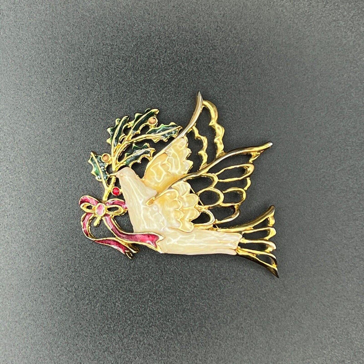 Vintage Novelty Christmas Peace Dove Gold-Toned with White Green Red Brooch Pin