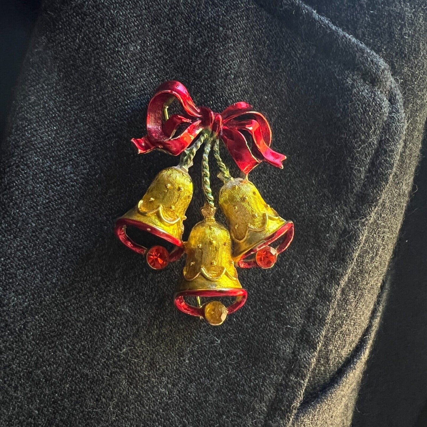 Vintage Novelty Gold & Red Enameled Bells with Sparkling Rhinestones Brooch Pin