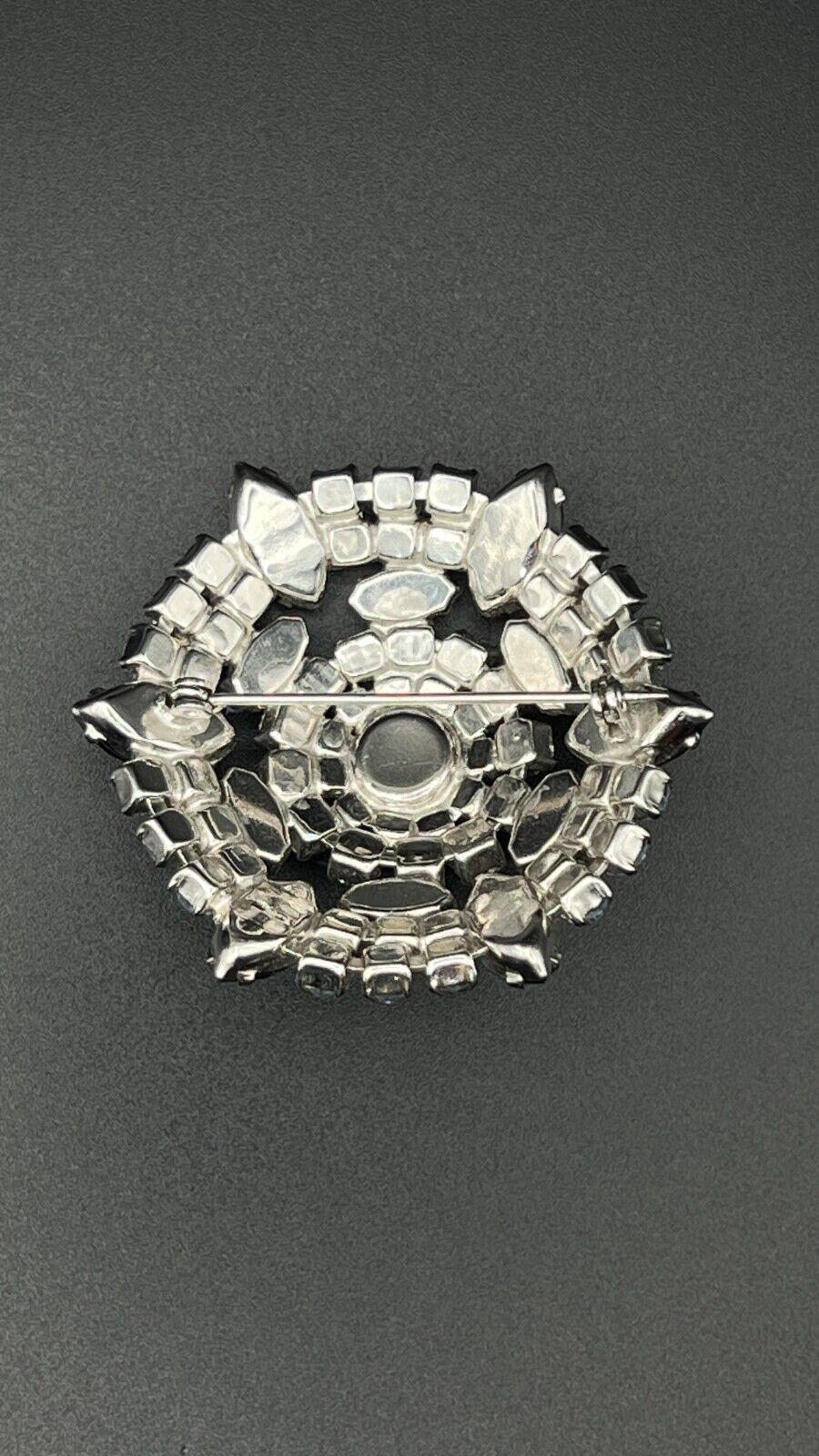 Vintage Flower Silver-Toned with Midnight, Pale, & Ice Blue Crystals Brooch Pin