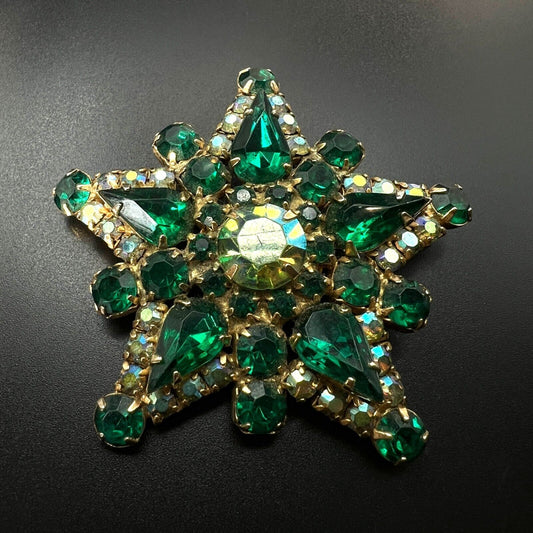 Vintage Sparkling Gold-Toned Shades of Green Rhinestones Star Brooch Pin