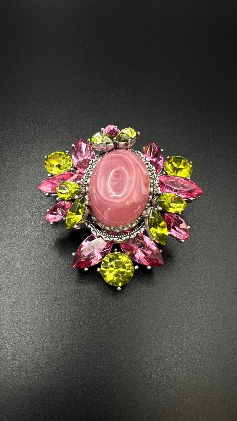 Vintage Flower Large Pink Center Stone with Pink and Green Crystals Brooch Pin