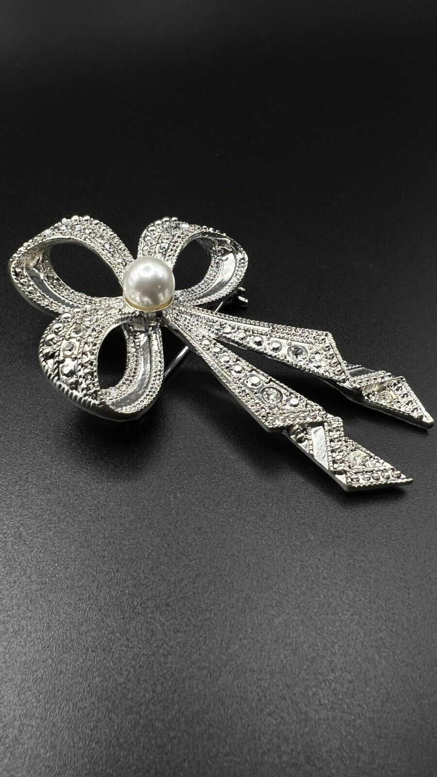 Vintage Silver-Toned Faux Pearl and Clear Rhinestone Brooch Pin