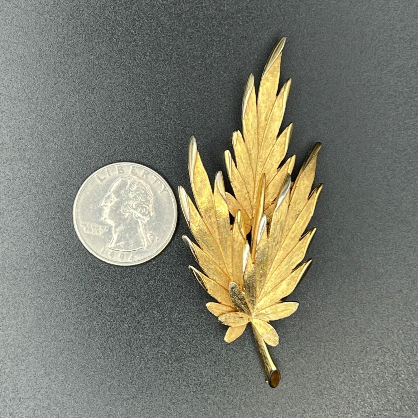 Vintage Triple Leaf Brushed Gold-Toned Signed PIM Brooch Pin