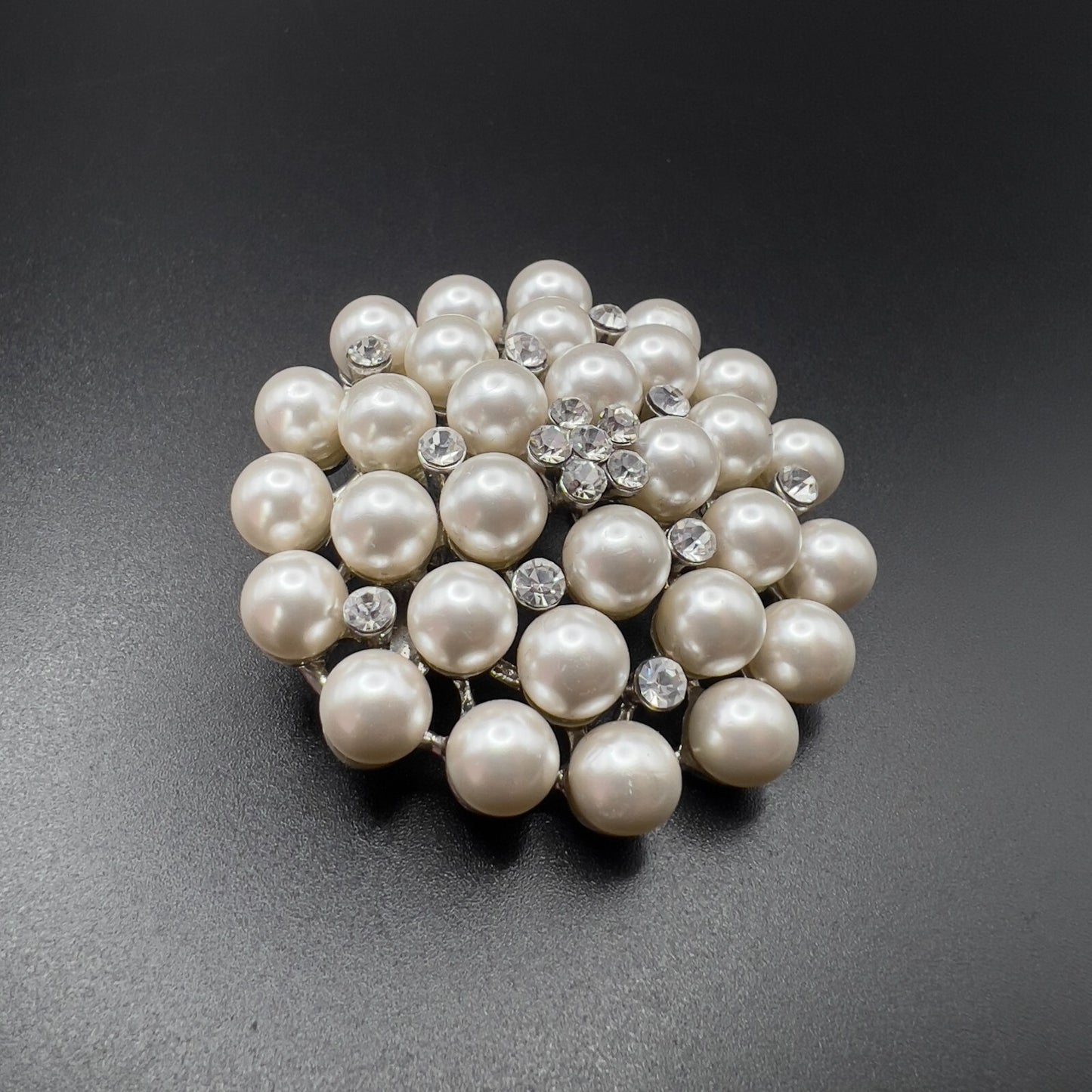 Vintage Circular Silver-Toned Faux Pearls & Clear Rhinestones Cluster Brooch Pin