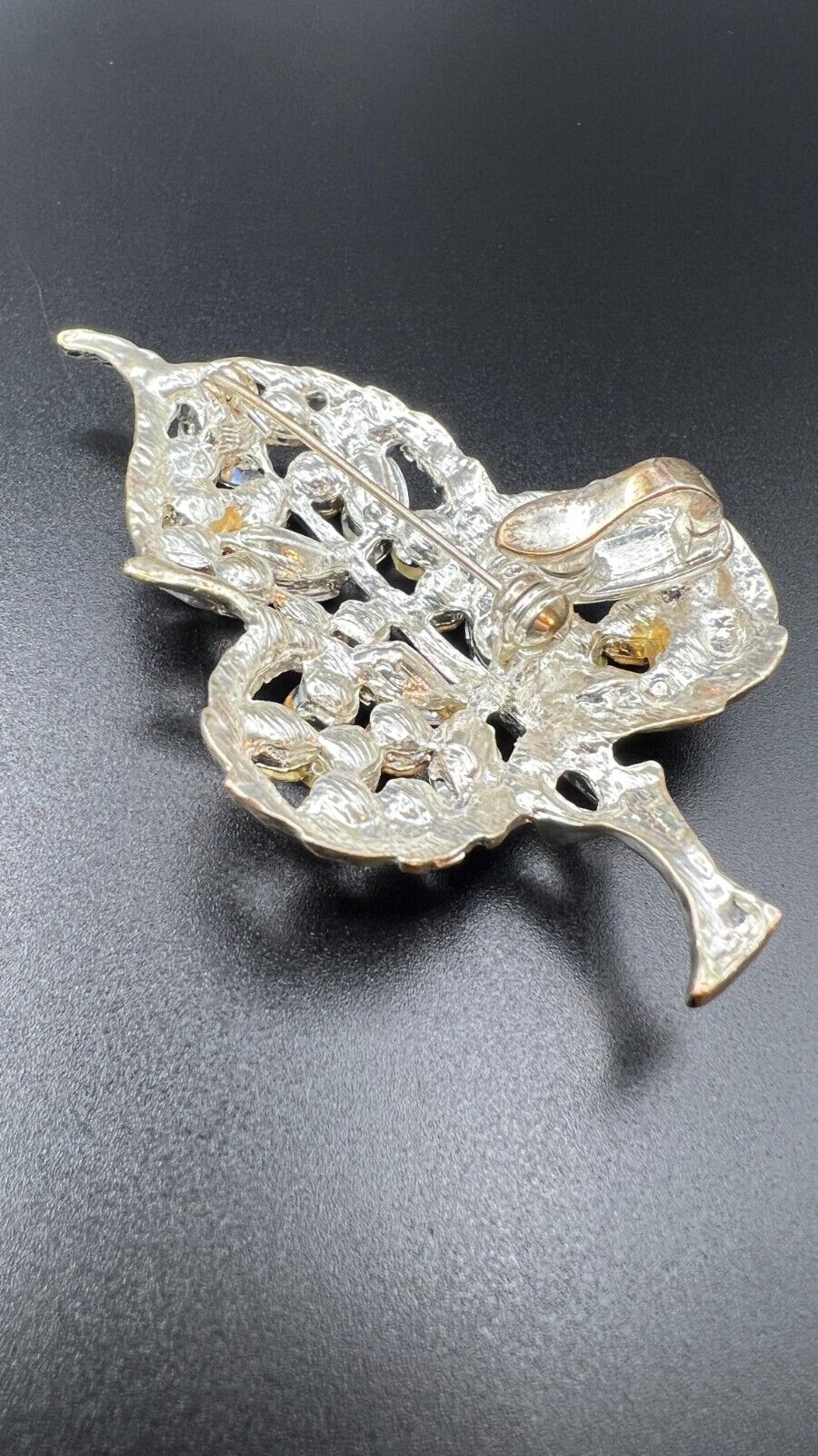 Vintage Silver-Tone Leaf Brooch/ Pendant with Topaz, Pink & Gold Rhinestones Pin