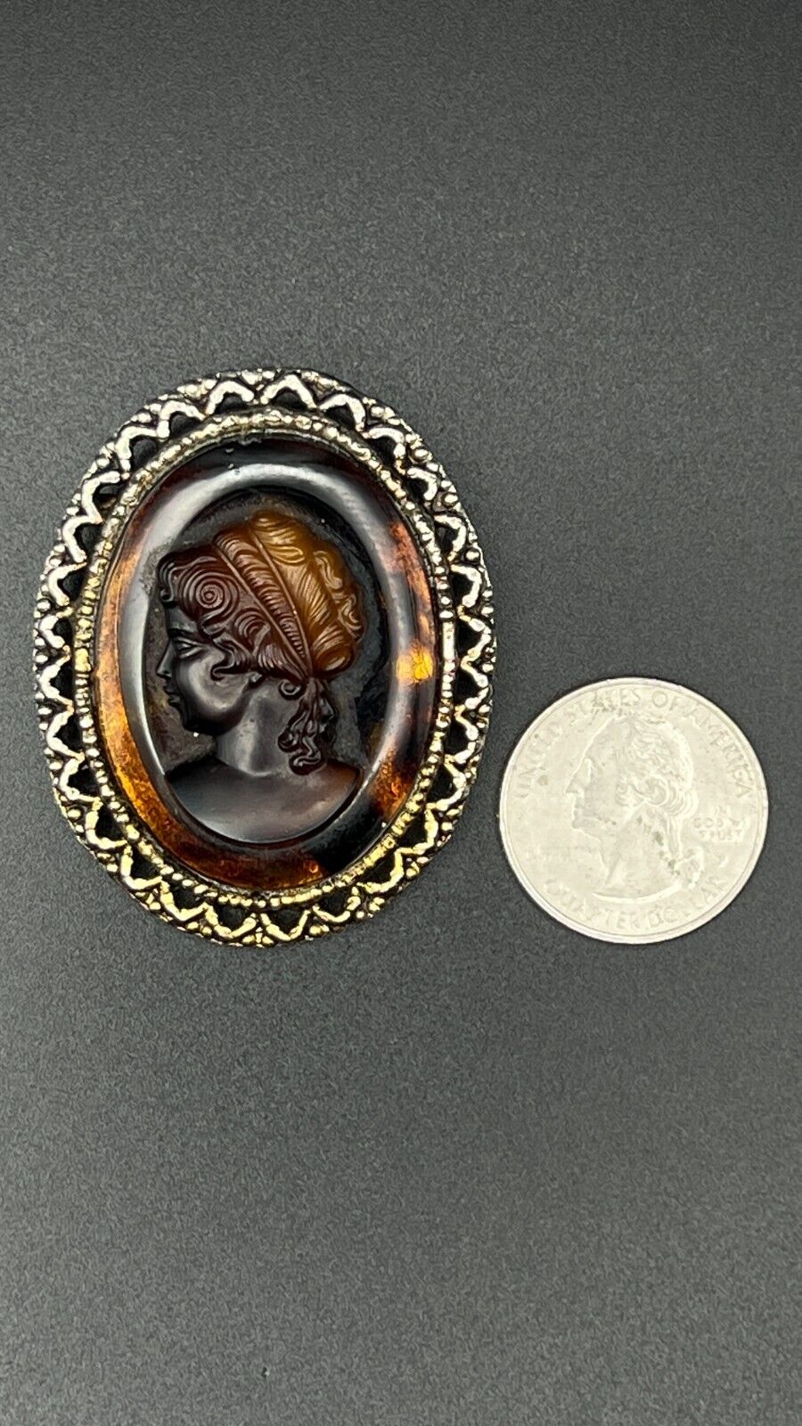 Vintage Novelty Victorian Tiger's Eye Glass Cameo w Brass-Tone Frame Brooch Pin