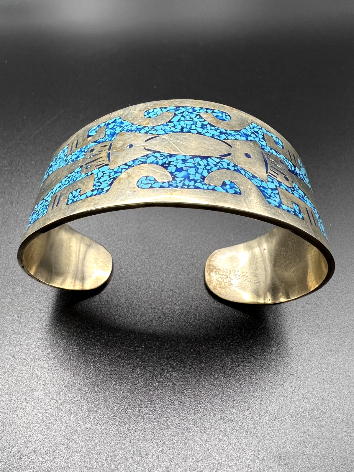 AZTEC Designed Bracelet Signed Sterling Silver Geometric Shapes Blue and Gold