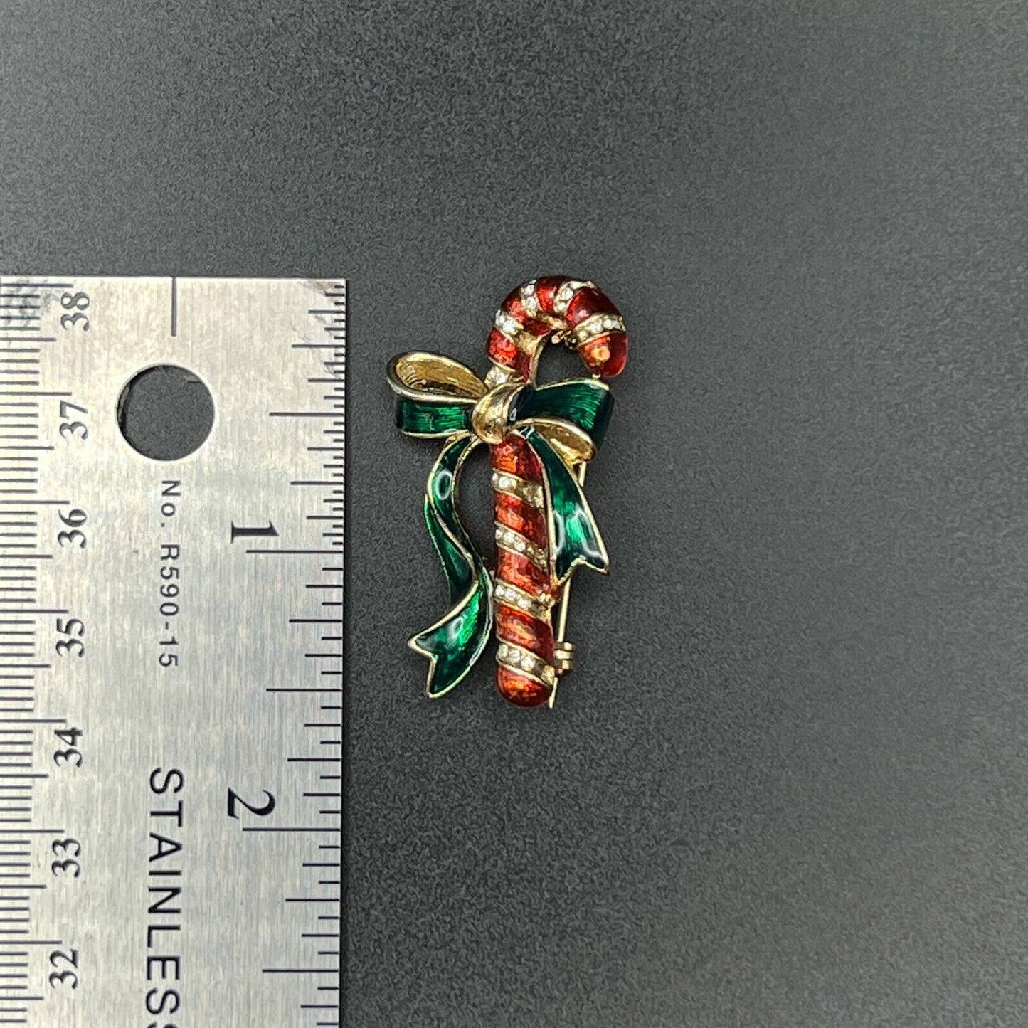 Vintage Novelty Christmas Enameled Gold-Toned Candy Cane w Green Bow Brooch Pin