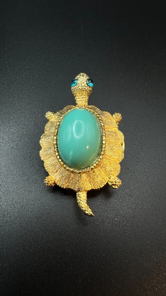 Vintage Novelty Gold-Toned Brooch & Clip On Turtle w Large Turquoise Stone Pin