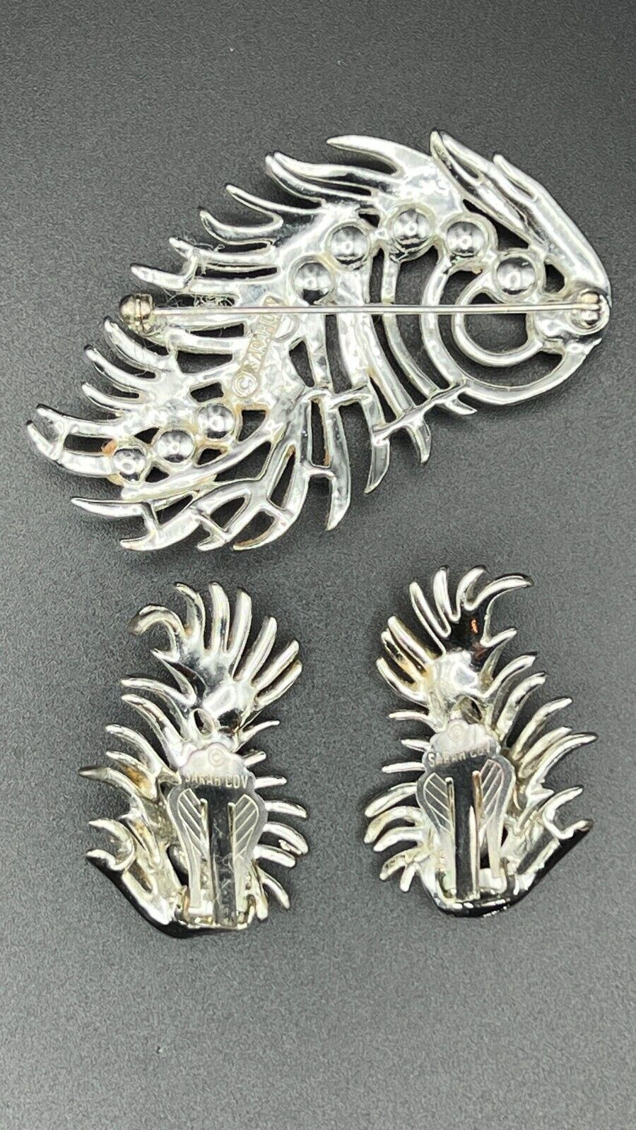 Vintage Sarah Coventry Feather Brooch & Clip on Earrings Set Silver Pearls 1950s