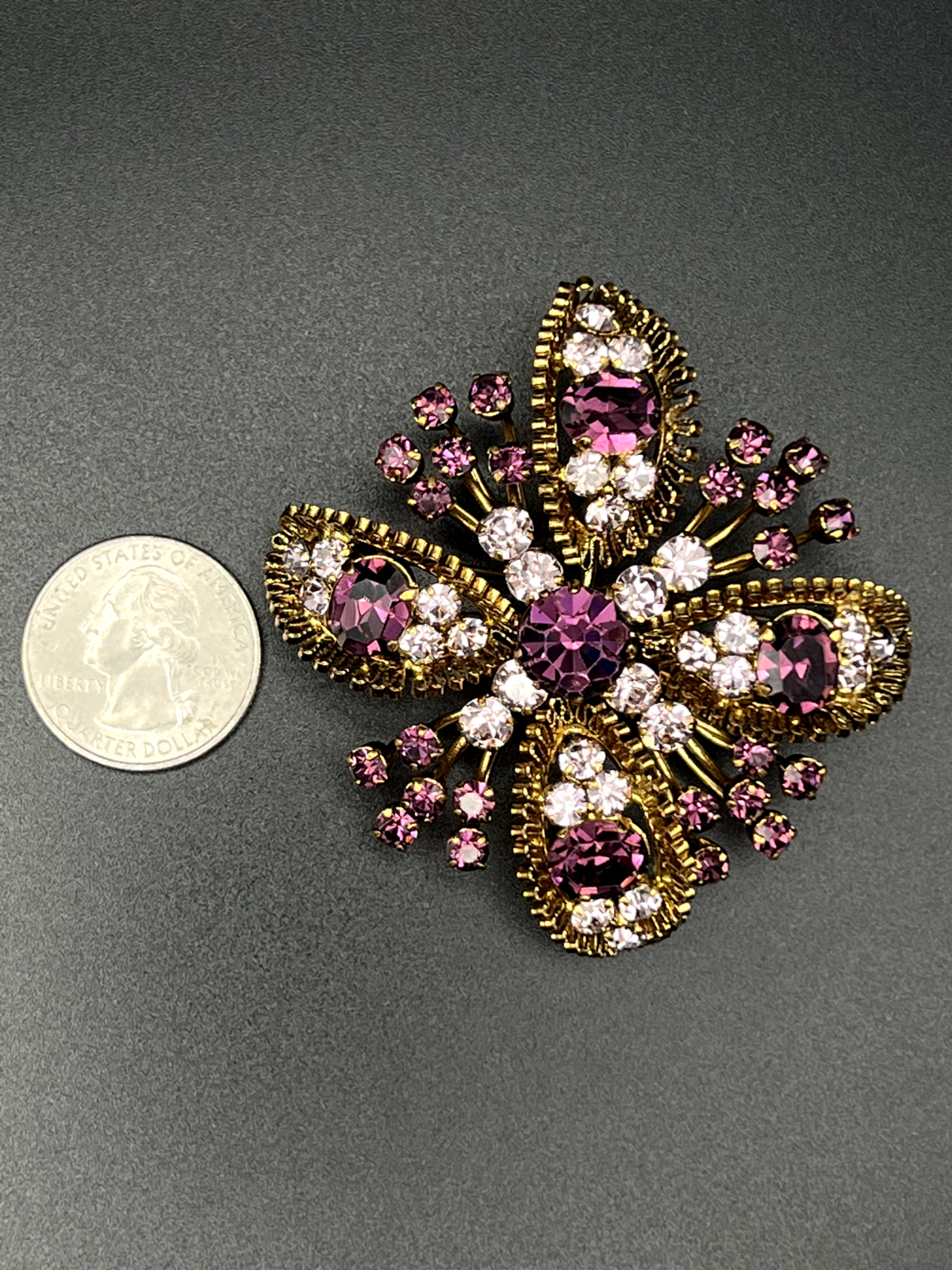 Vintage Signed AUSTRIA Gold-Toned, Dark Purple & Lavender Rhinestones Brooch Pin