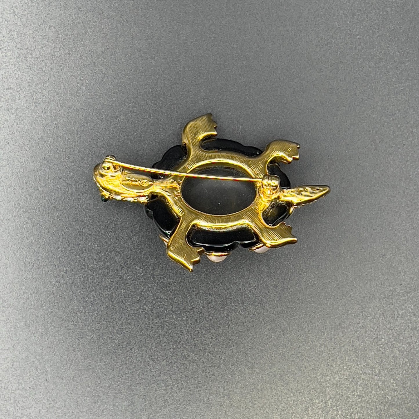 Vintage Signed KJL Tortoise Gold-Tone Faux Pearl & Crystals on Black Brooch Pin