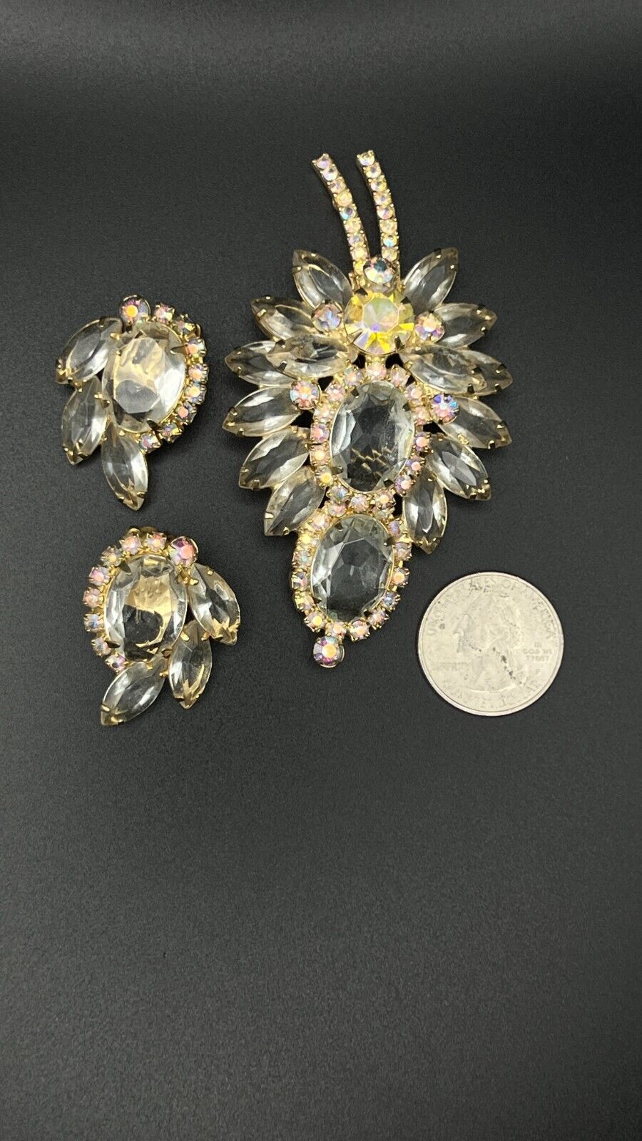 Vintage JULIANNA AB Large Rhinestone Brooch Pin and Clip-On Earrings Set