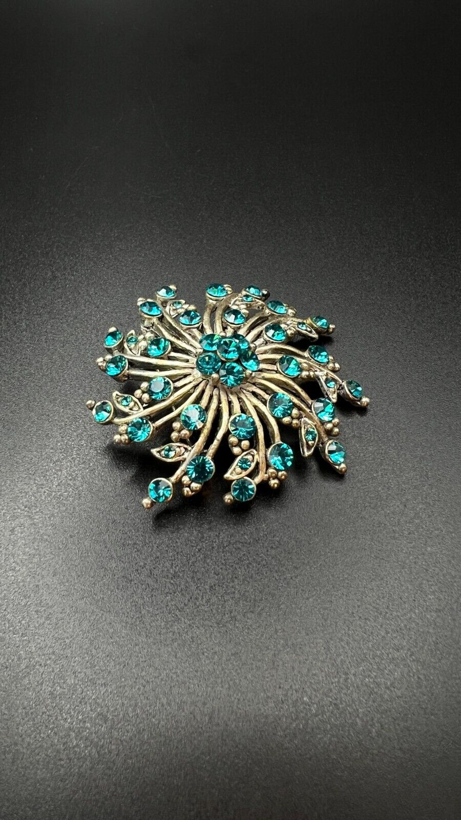 Vintage Gold-Toned Flower with Turquoise Rhinestones Brooch Pin