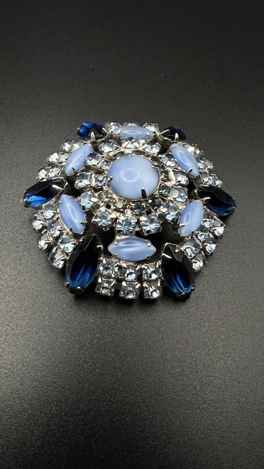 Vintage Flower Silver-Toned with Midnight, Pale, & Ice Blue Crystals Brooch Pin