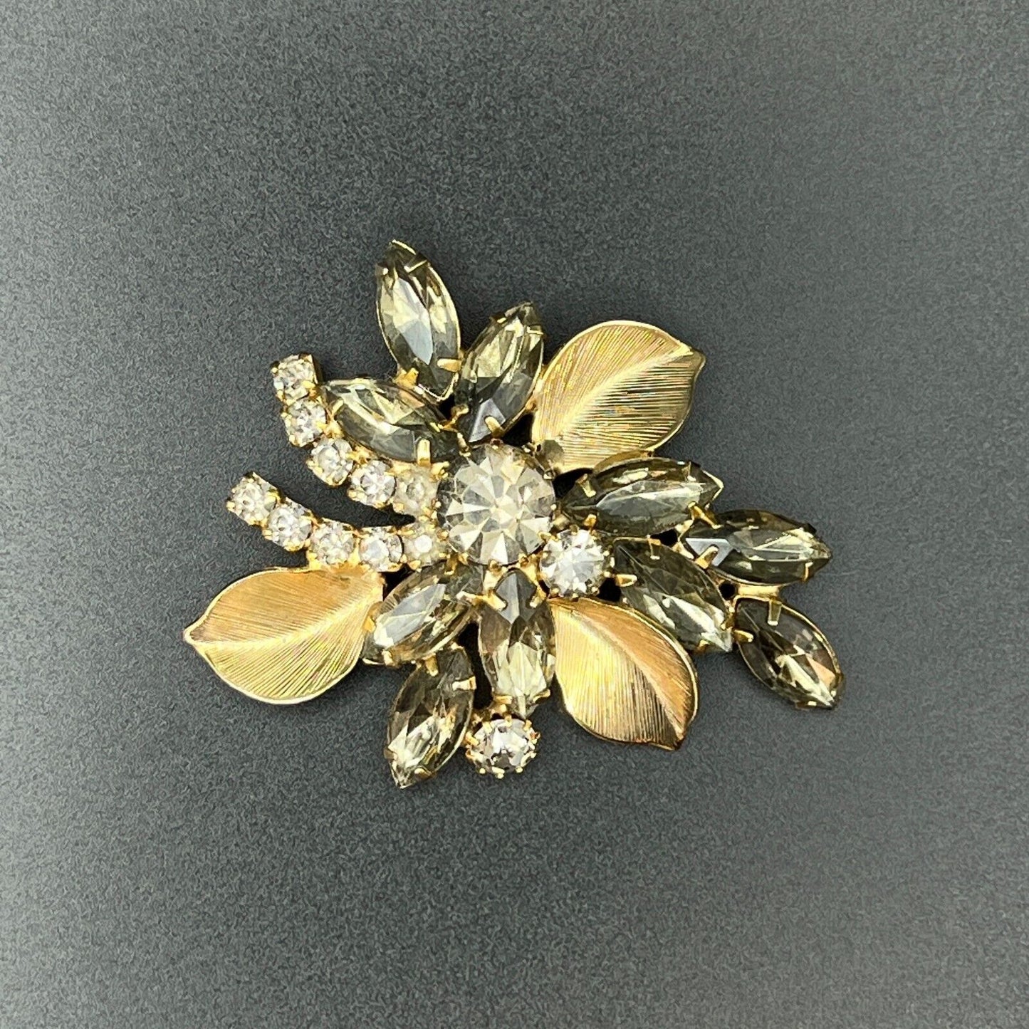 Vintage Flower Gold-Toned with Multi-Sized Smoky Gray Rhinestones Brooch Pin