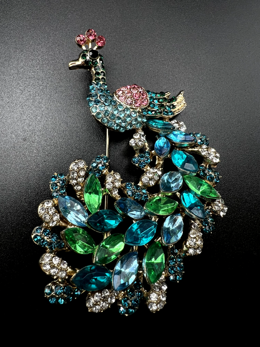 Vintage Gold-Toned with Pink, Blue, Green and Clear Crystals Peacock Brooch Pin