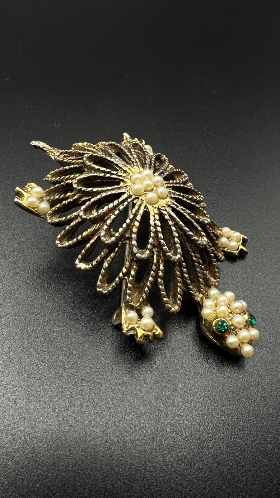 Vintage Turtle Gold-Toned Faux Seed Pearls & Green Crystals Brooch Pin