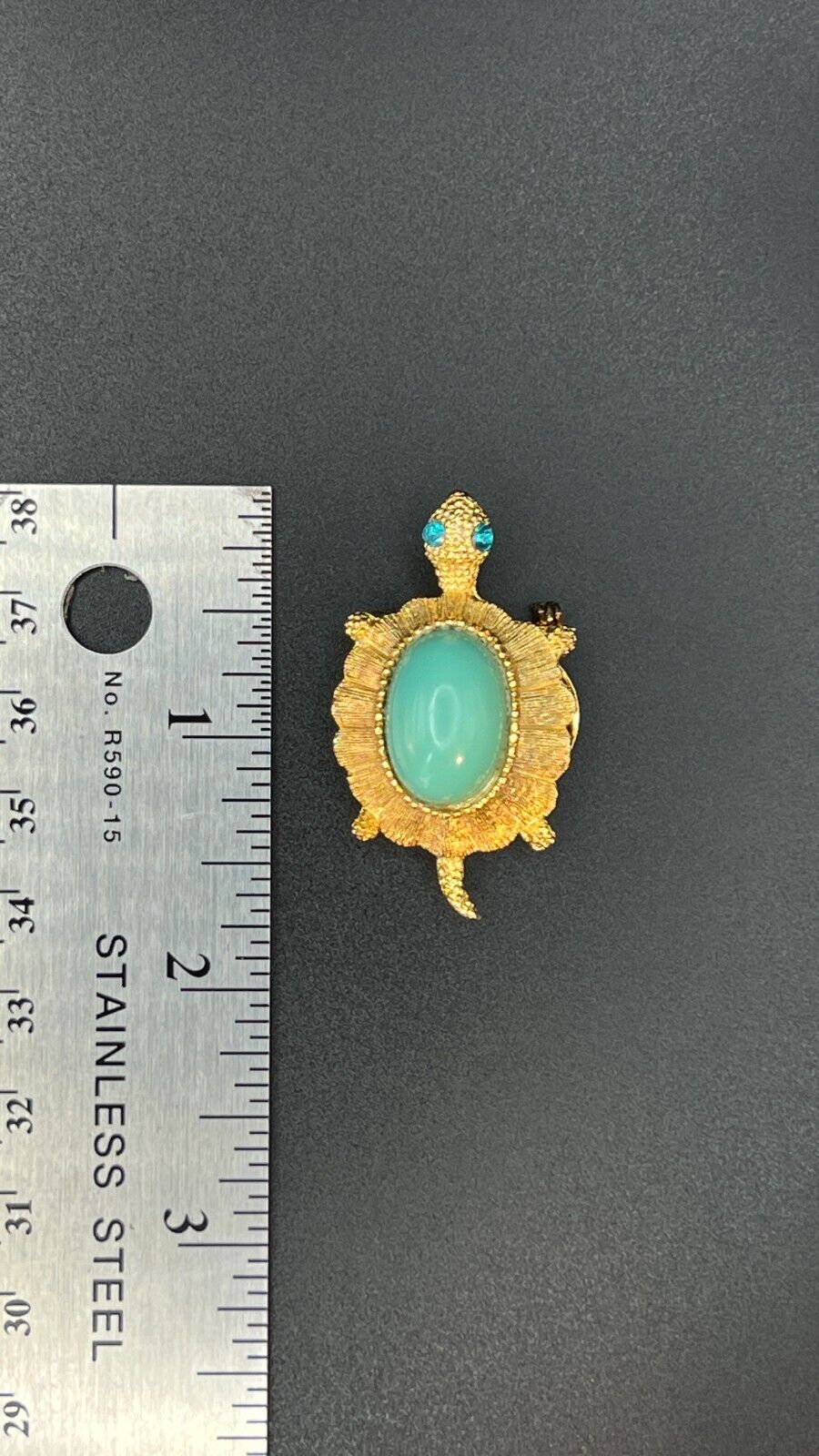 Vintage Novelty Gold-Toned Brooch & Clip On Turtle w Large Turquoise Stone Pin