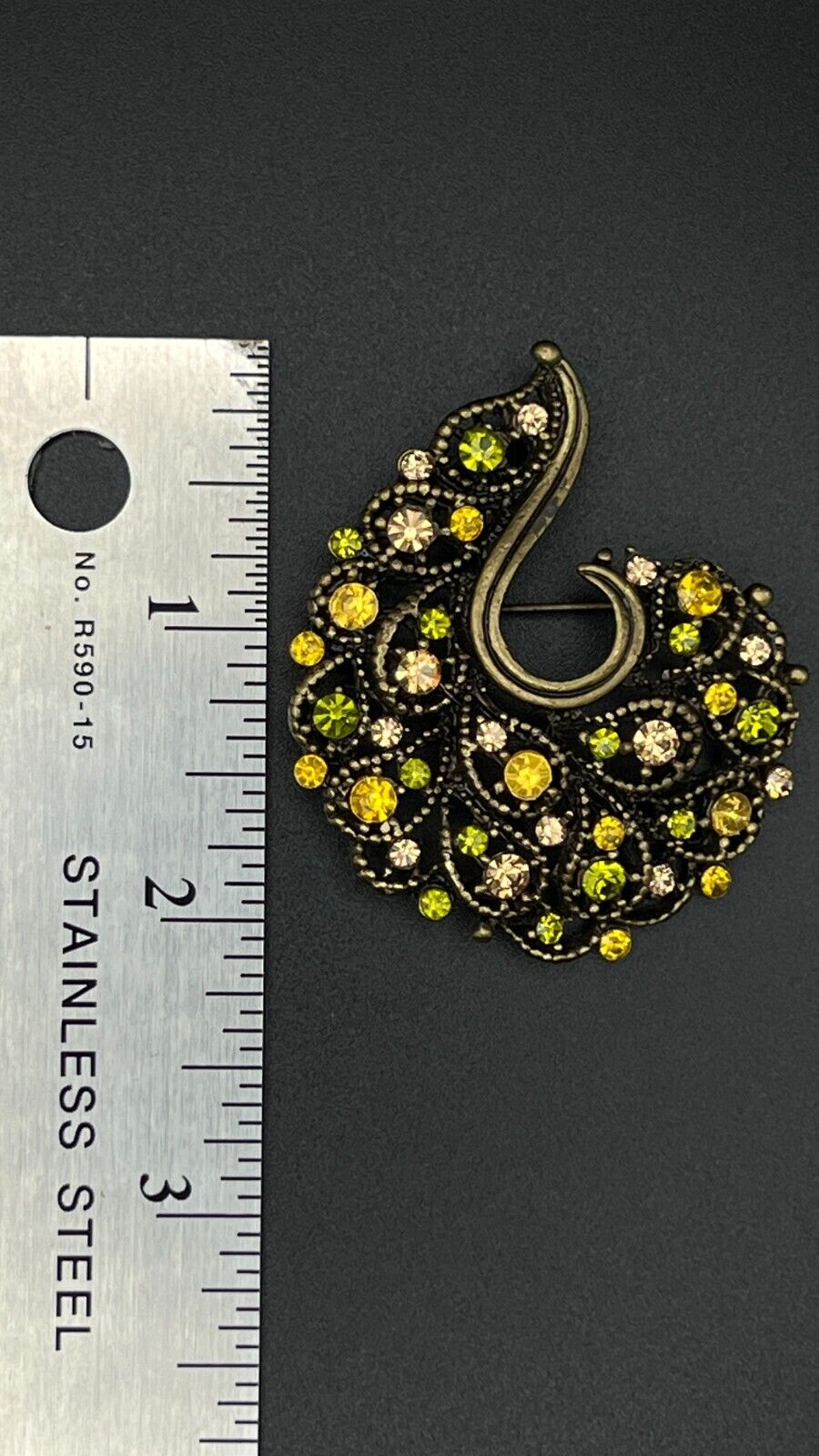 Vintage Gold-Toned Brooch Pin with Lime Green & Gold Rhinestones w Pendant Hook