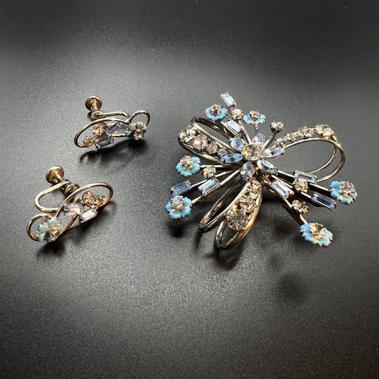 Vintage Signed Carl Art Sterling Silver Bow & Blue Flowers Brooch Earrings Set