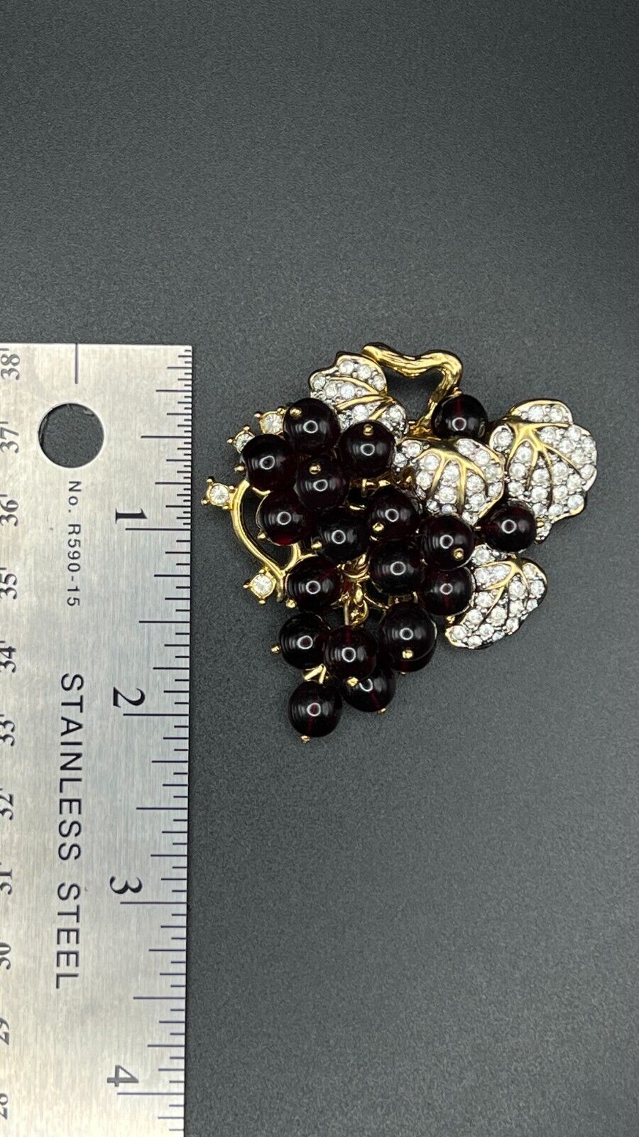 Vintage NOLAN MILLER Signed Gold-Toned Movable Red Grape Cluster Brooch Pin