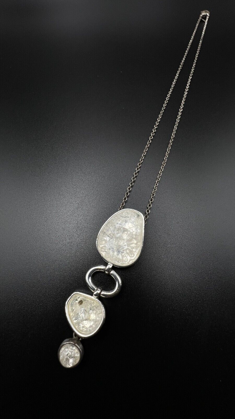 Vintage Signed SAQ Druzy Necklace Silver-Toned White Crushed Glass-Like Pendant