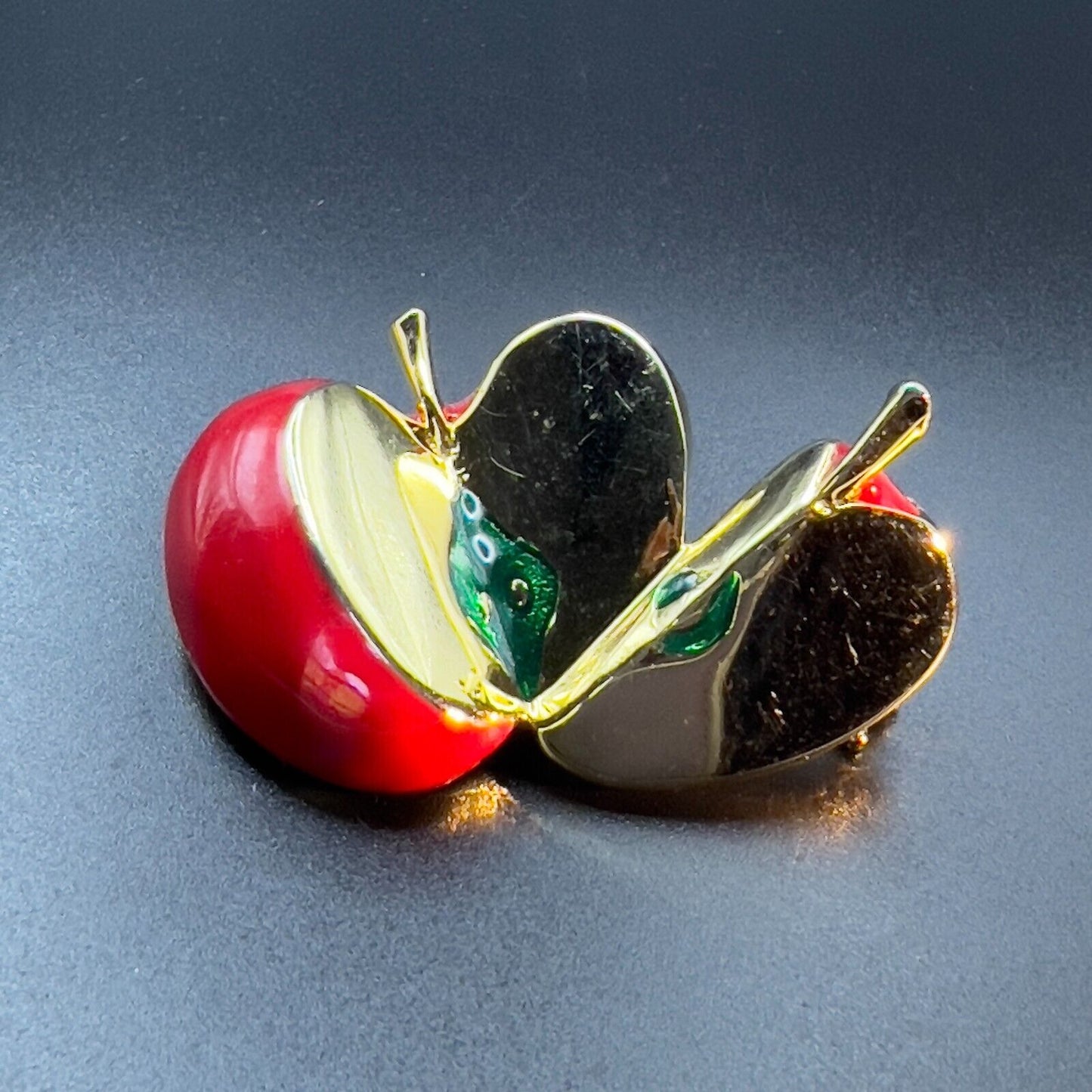 Vintage Novelty Red Enameled Gold-Toned Split Apple Brooch Pin