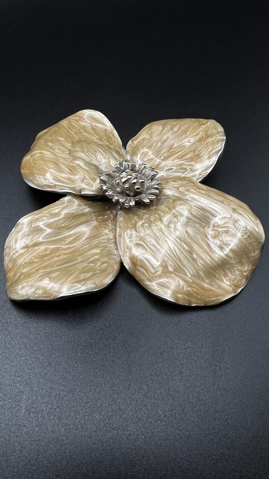 Vintage Large Flower Signed E PEARL Enameled Gold/Cream & Silver Back Brooch Pin