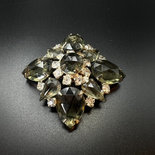 Vintage Elegant Dimensional Pronged Smoky Grey Multi-Shaped Crystals Brooch Pin