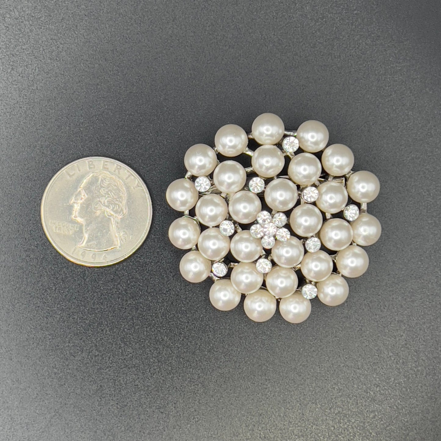 Vintage Circular Silver-Toned Faux Pearls & Clear Rhinestones Cluster Brooch Pin