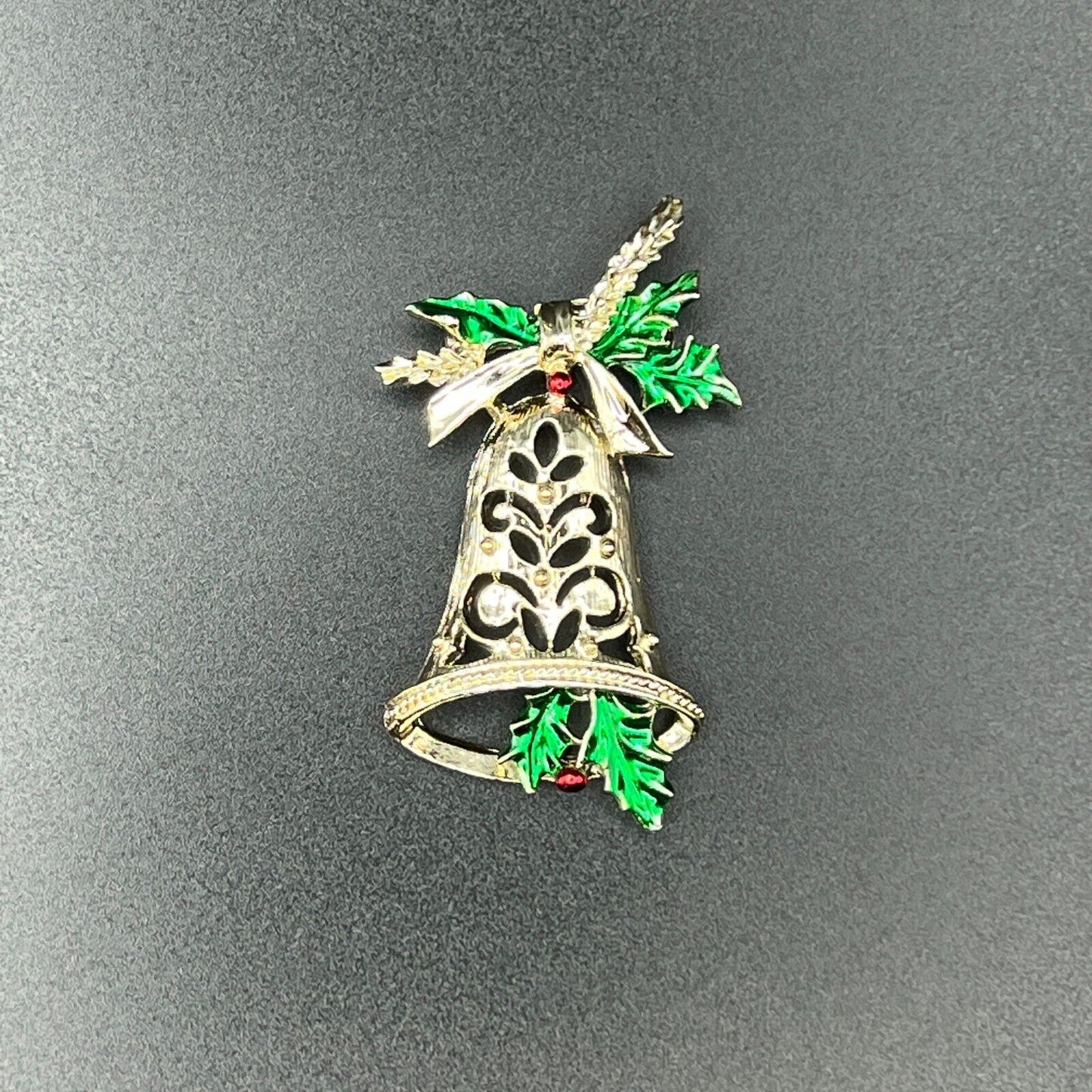 Vintage Novelty Gold-Toned Bell with Green Holly & Red Holly Ball Brooch Pin