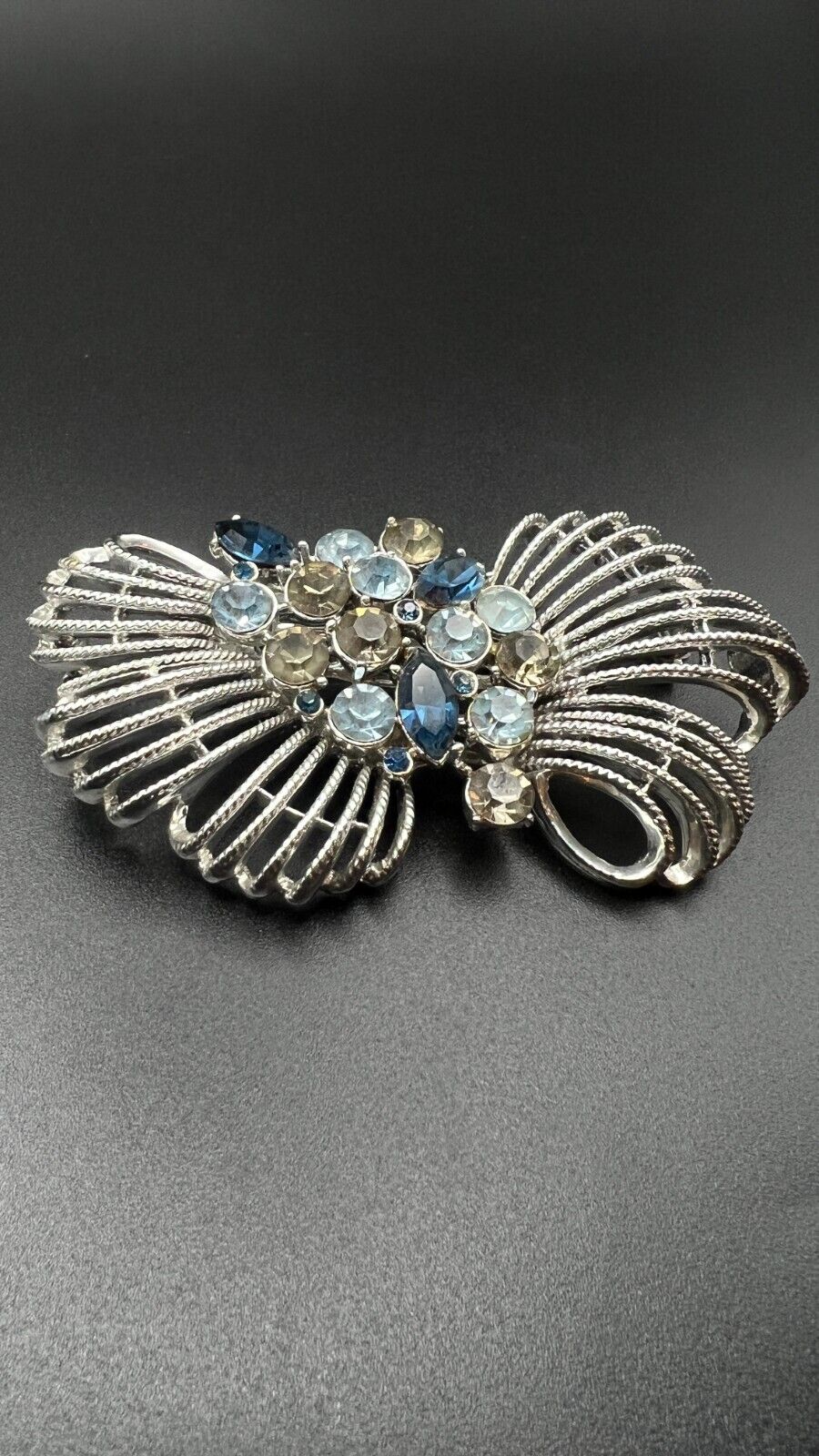 Vintage Silver-Toned String Bow with Blue & Gray Rhinestones Center Brooch Pin