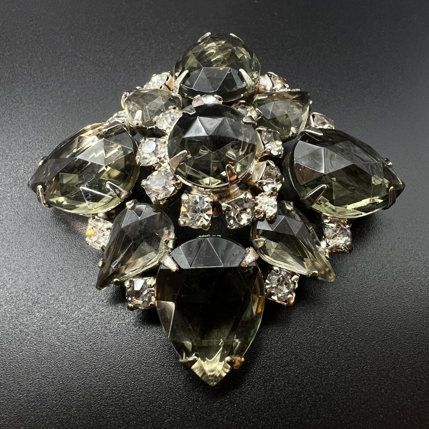 Vintage Elegant Dimensional Pronged Smoky Grey Multi-Shaped Crystals Brooch Pin