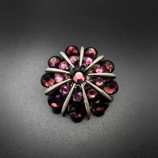 Vintage Bonnie J Rhinestone Brooch Pin Flower Design Pink Magenta Silver