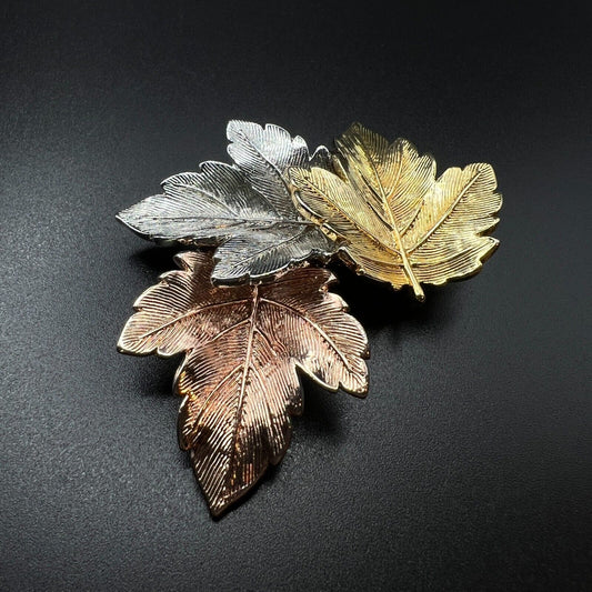 Vintage Dimensional Gold, Silver & Copper Toned Maple Leaves Brooch Pin