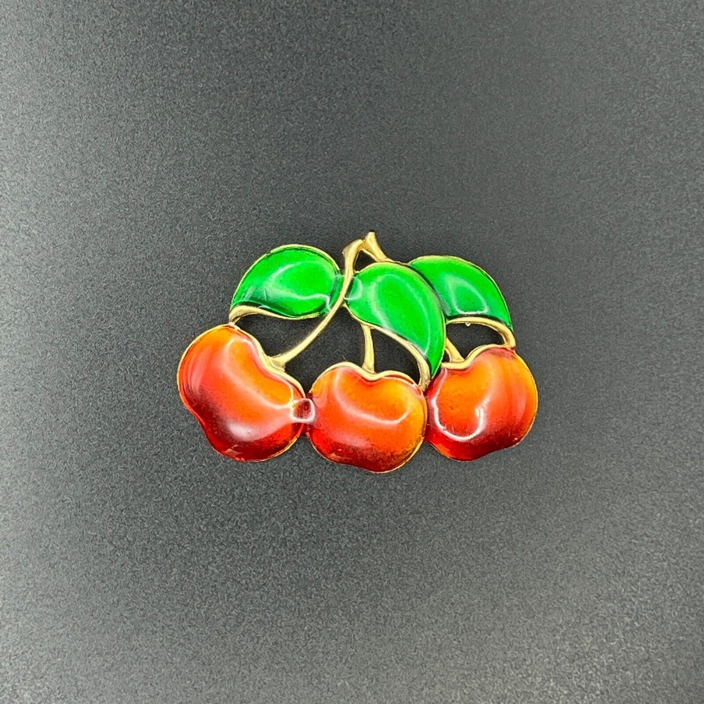 Vintage Lovely Enameled Three Red Cherries Gold-Toned w Green Leaves Brooch Pin