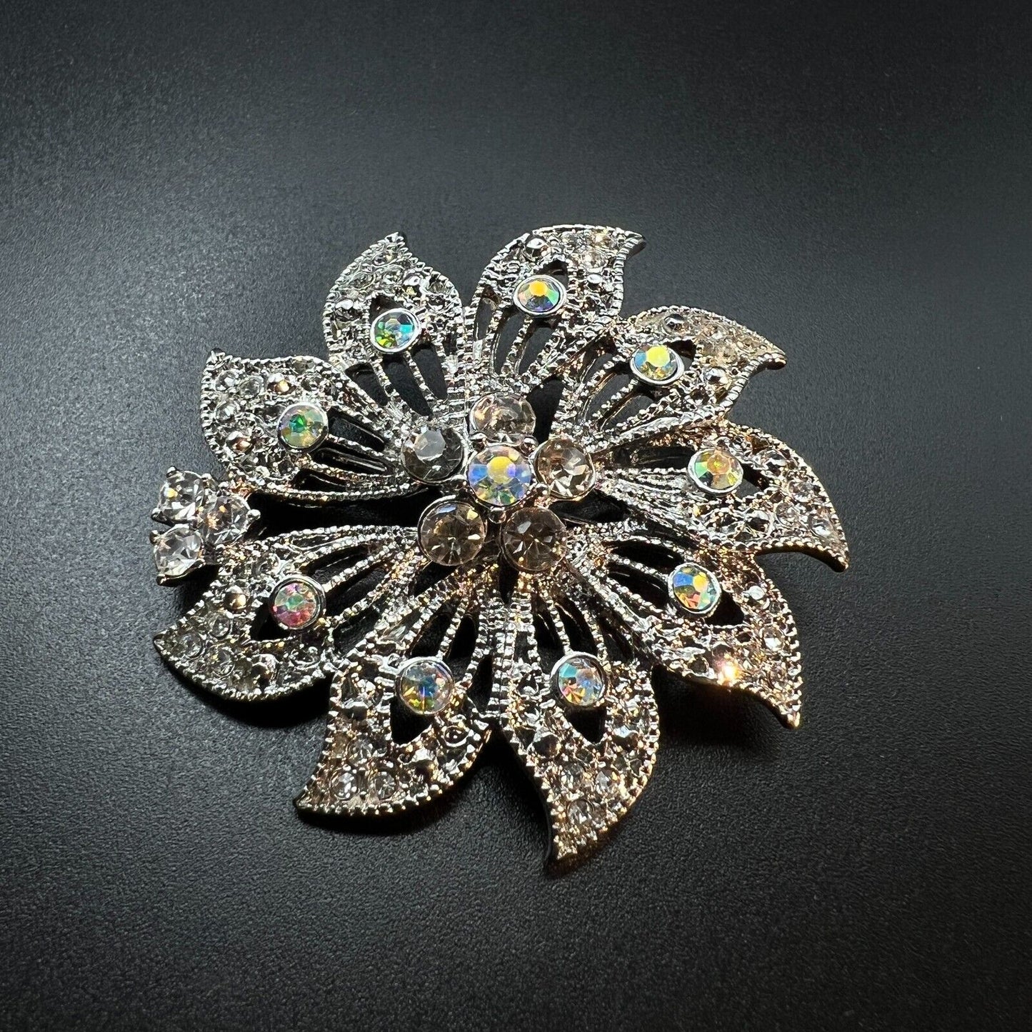 Vintage Sparkling Aurora Borealis Rhinestones Silver-Toned Ridged Brooch Pin