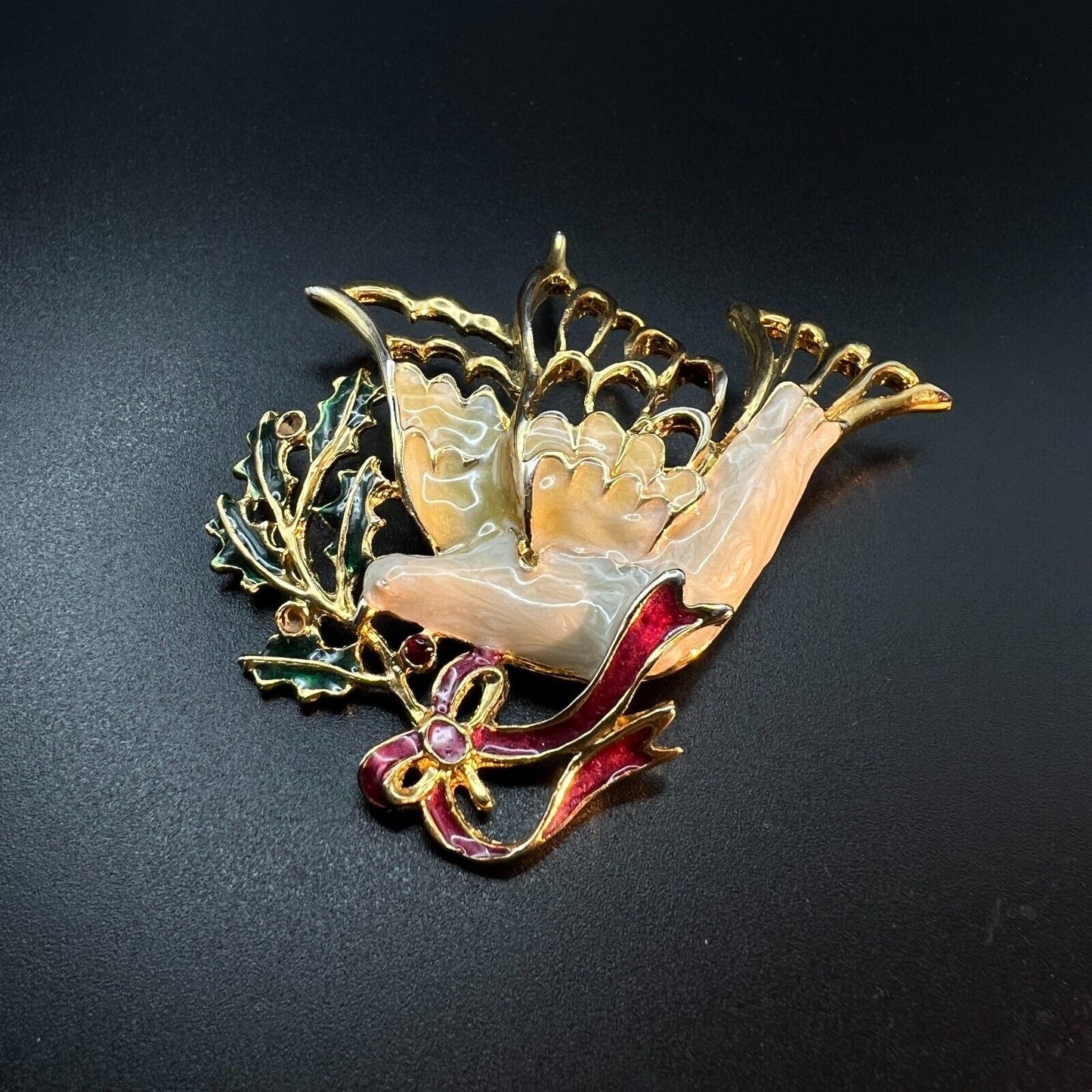 Vintage Novelty Christmas Peace Dove Gold-Toned with White Green Red Brooch Pin