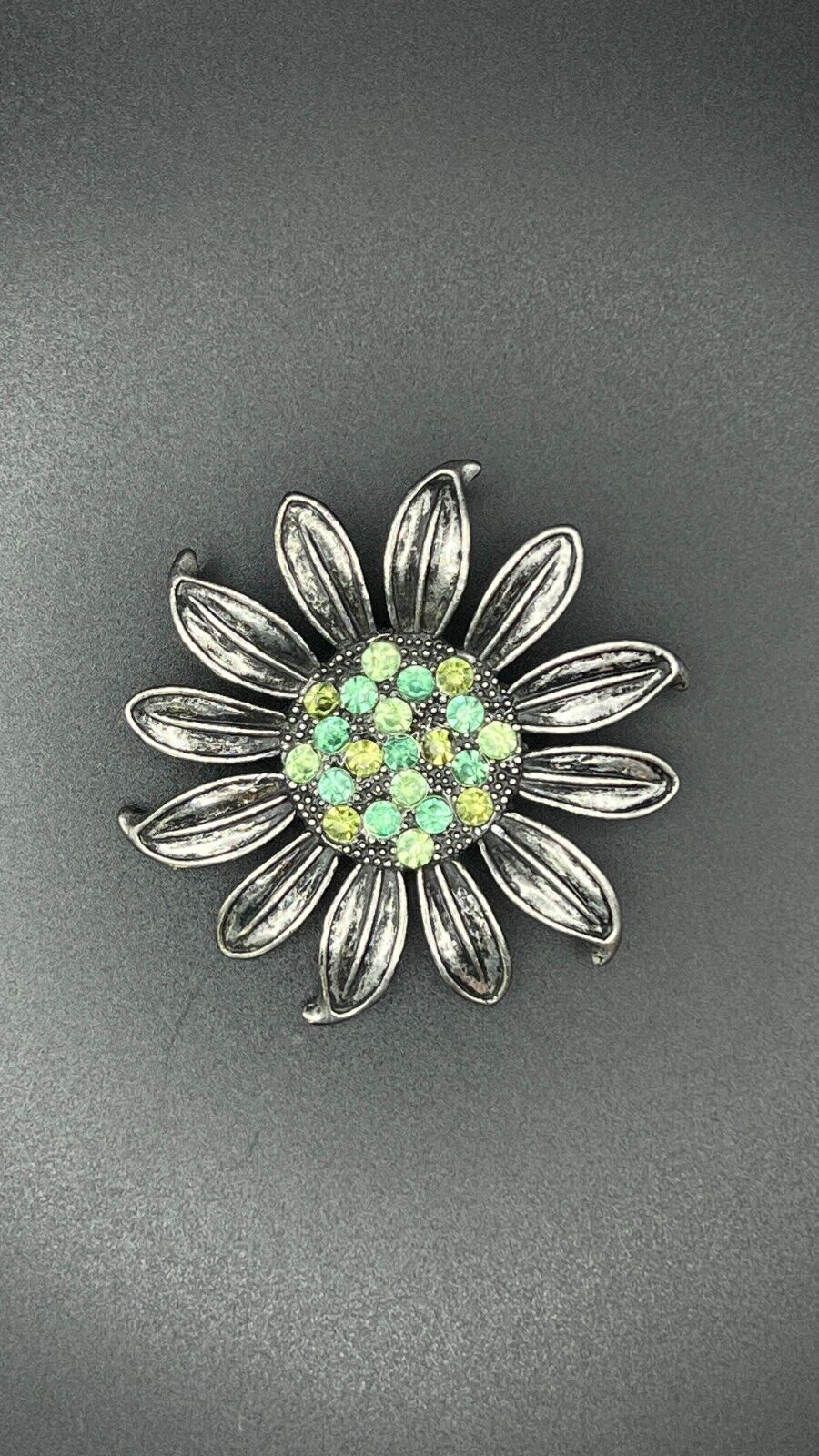 Vintage Silver-Toned Flower w Pewter Finish and Green Rhinestones Brooch Pin