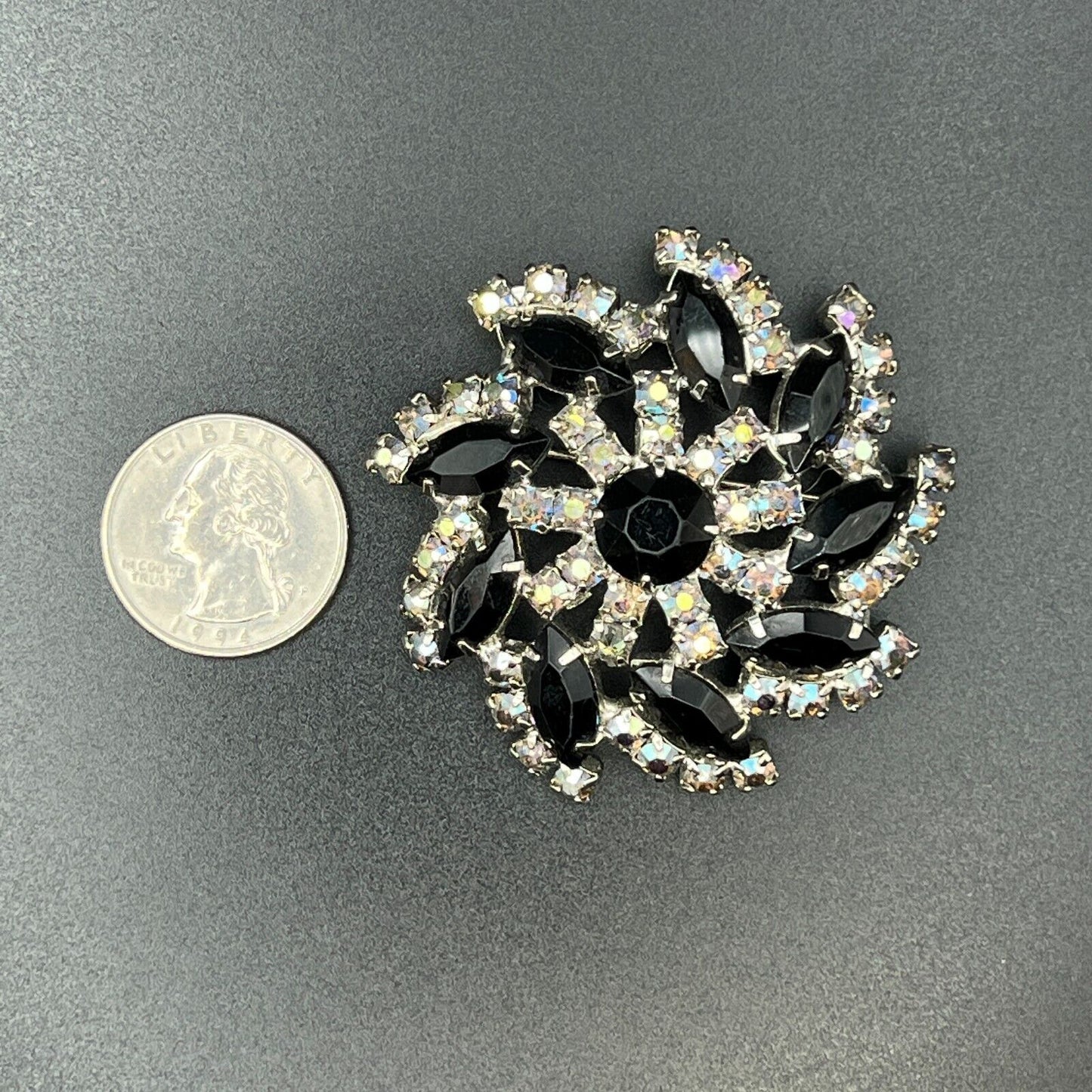 Vintage Schreiner? Silver -Tone w Jet Black Rhinestones & Smoky Topaz AB Brooch