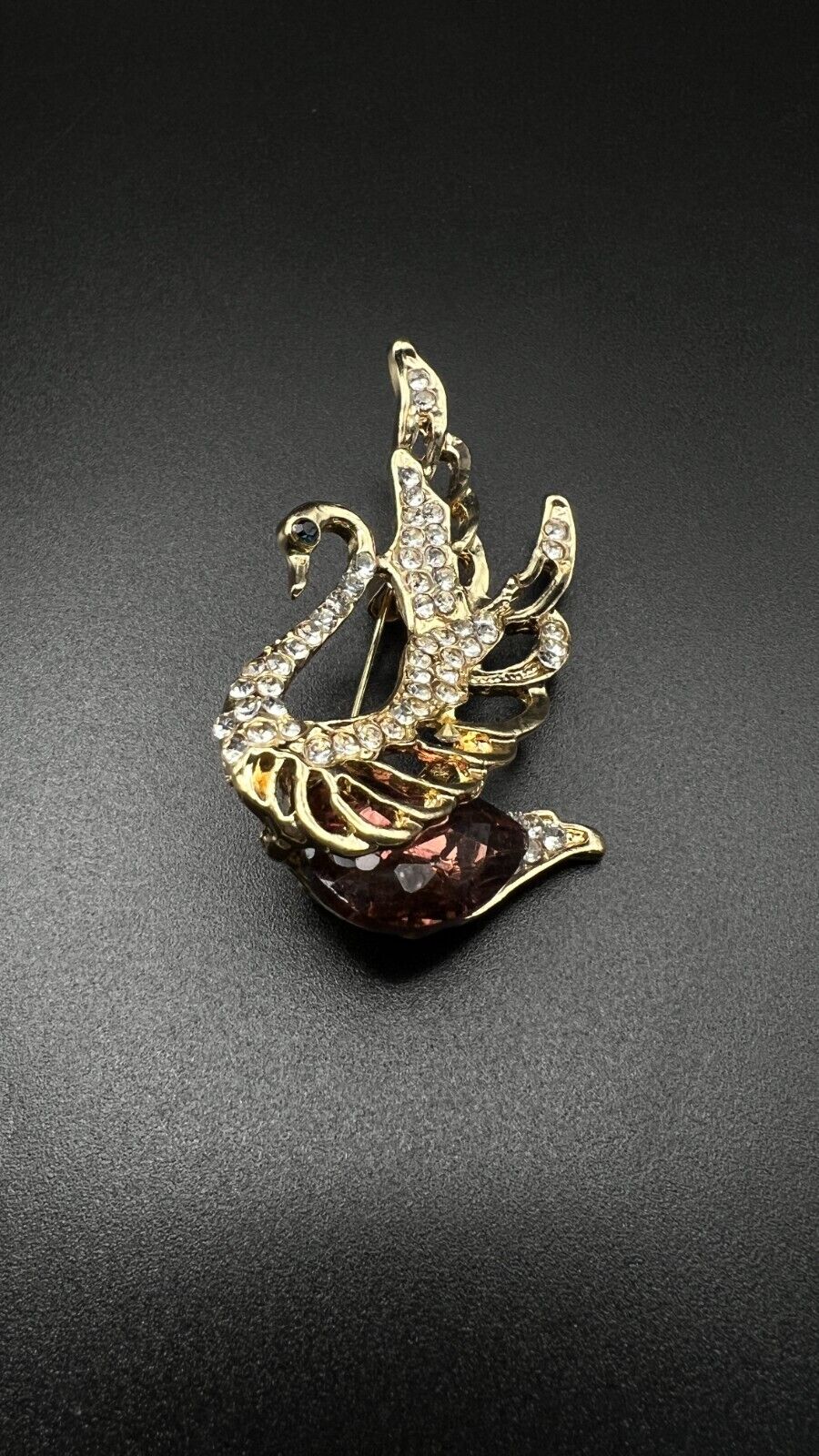 Vintage Gold-Toned Swan with Sparkly  Deep Red & Clear Crystals Brooch Pin