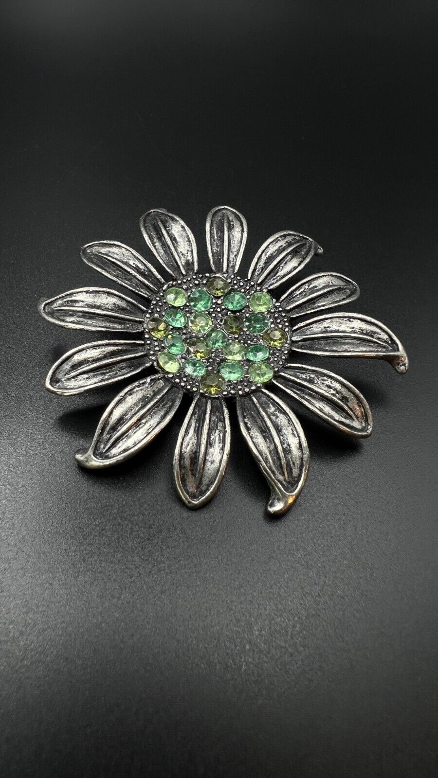 Vintage Silver-Toned Flower w Pewter Finish and Green Rhinestones Brooch Pin