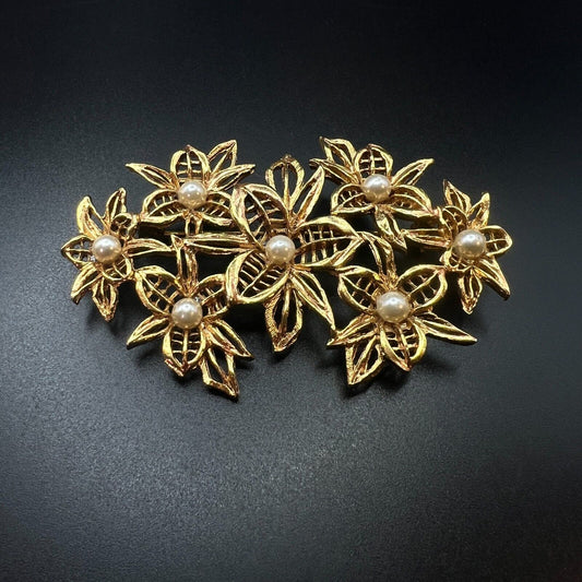 Vintage Large Flower Cluster with Faux Pearls Gold-Toned Bouquet Brooch Pin