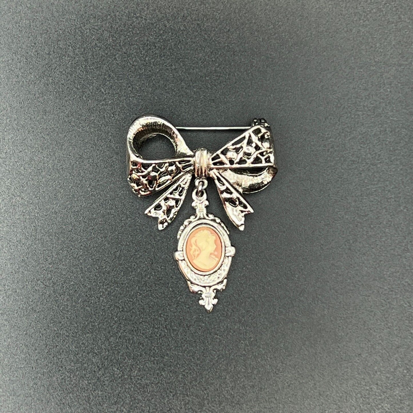 Vintage Beautiful Silver-Toned Bow and Cameo Brooch Pin