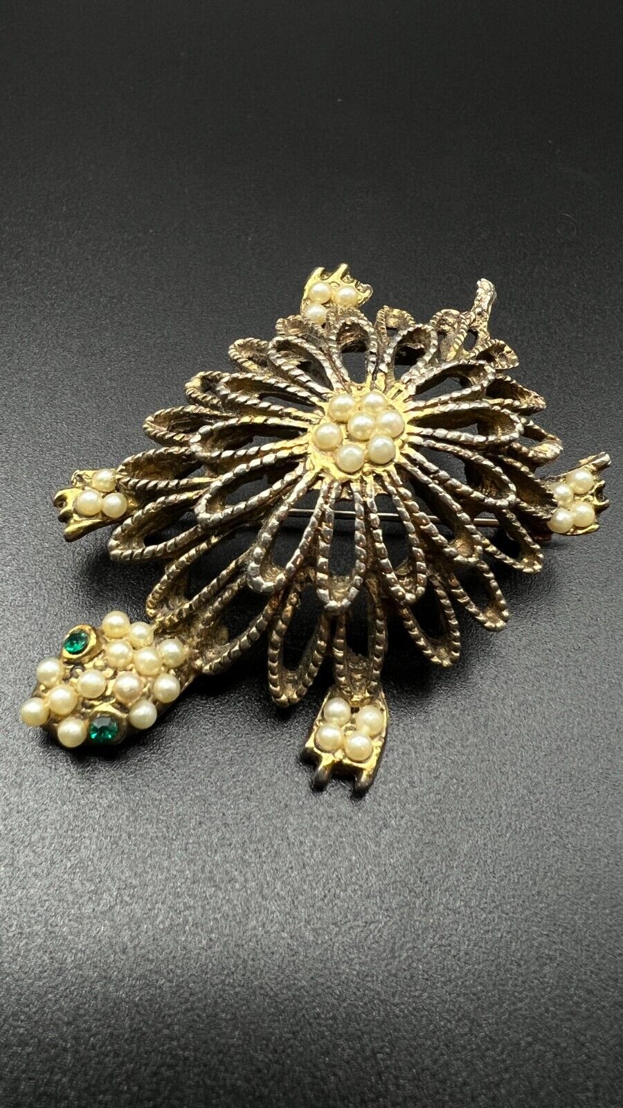 Vintage Turtle Gold-Toned Faux Seed Pearls & Green Crystals Brooch Pin